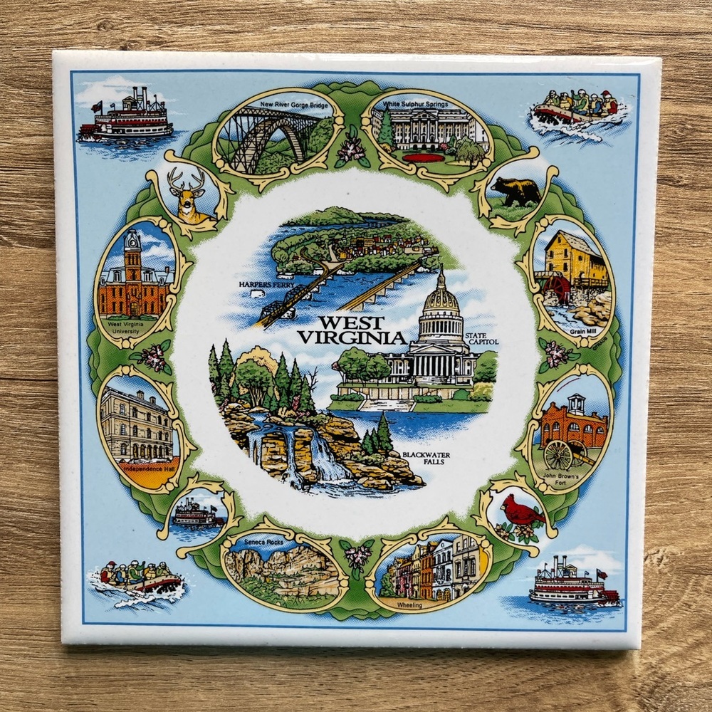 Vintage State of WEST VIRGINIA Ceramic Tile Trivet Hot Plate Wall Plaque EUC